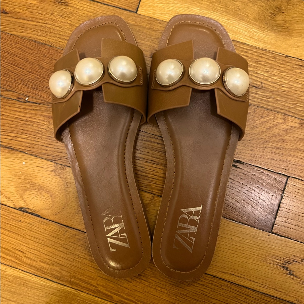 ZARA pearl detailed brown Sandals EU 39, US 8 Women’s